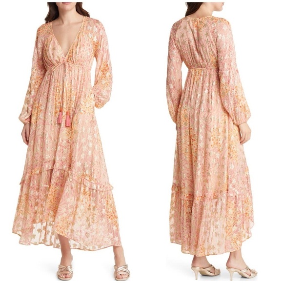 Ciebon Crissta Metallic Print Long Sleeve Maxi Dress Gold Star Boho Sz S - Picture 1 of 16